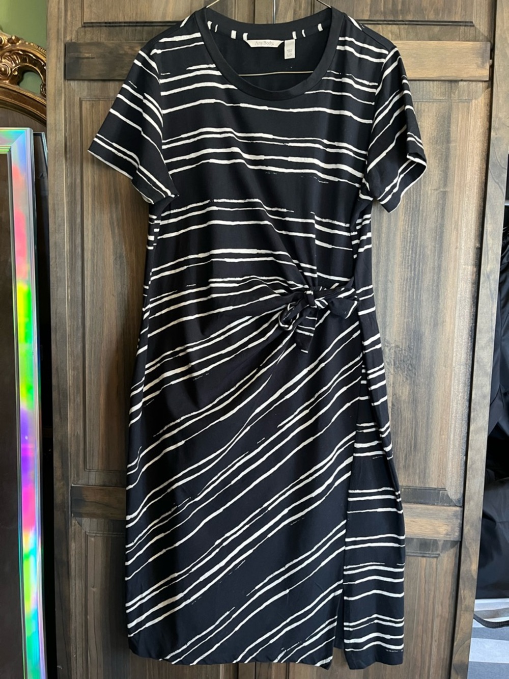 AnyBody Black and White Striped Tie-Waist Midi Dress